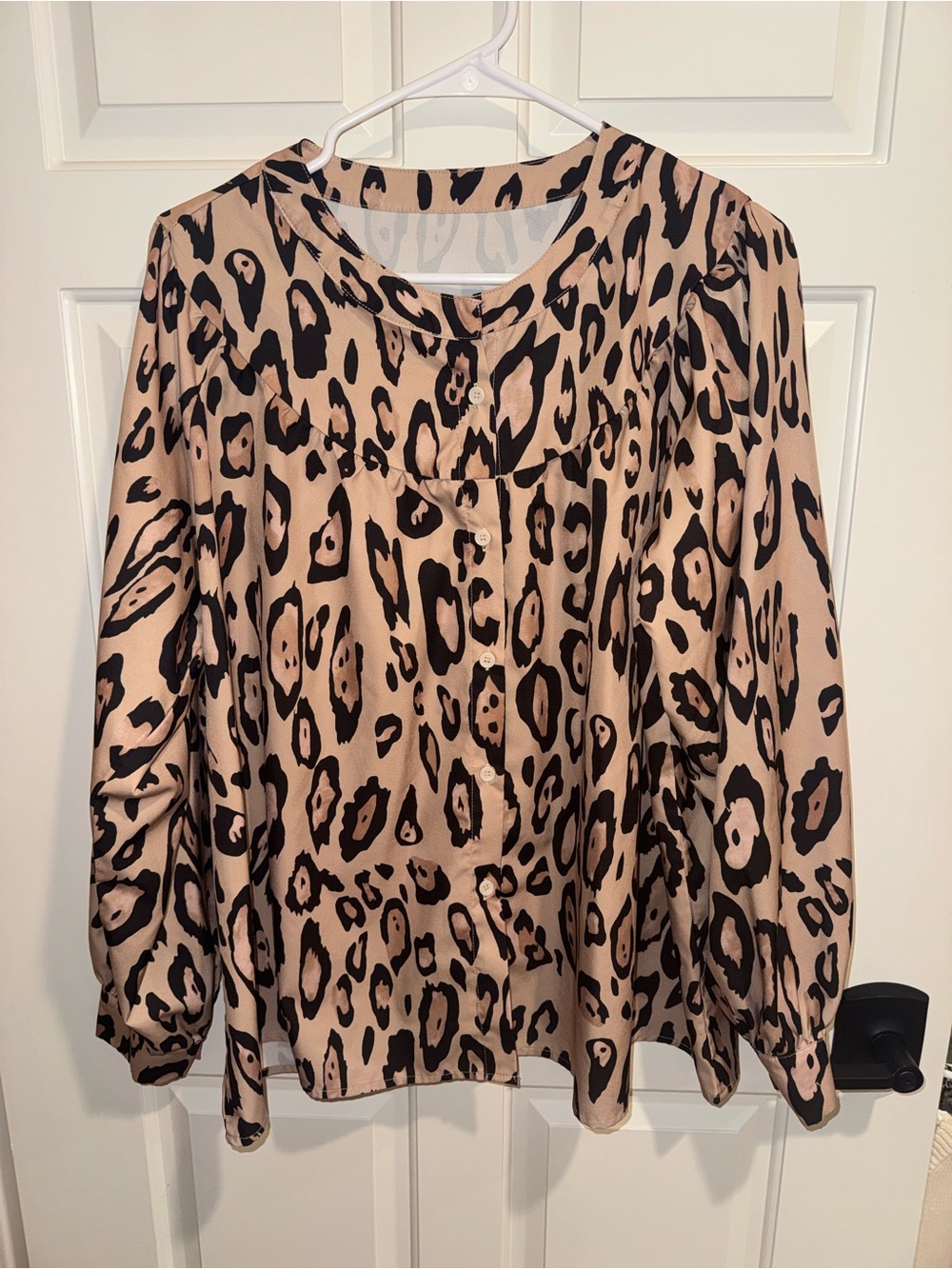 Womens Taupe Leopard Print Button-Front Blouse